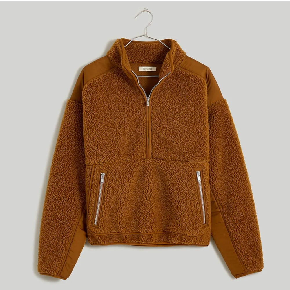 {Madewell}-Size L-Faux Shearling Half-Zip Pullover in Dried Cedar